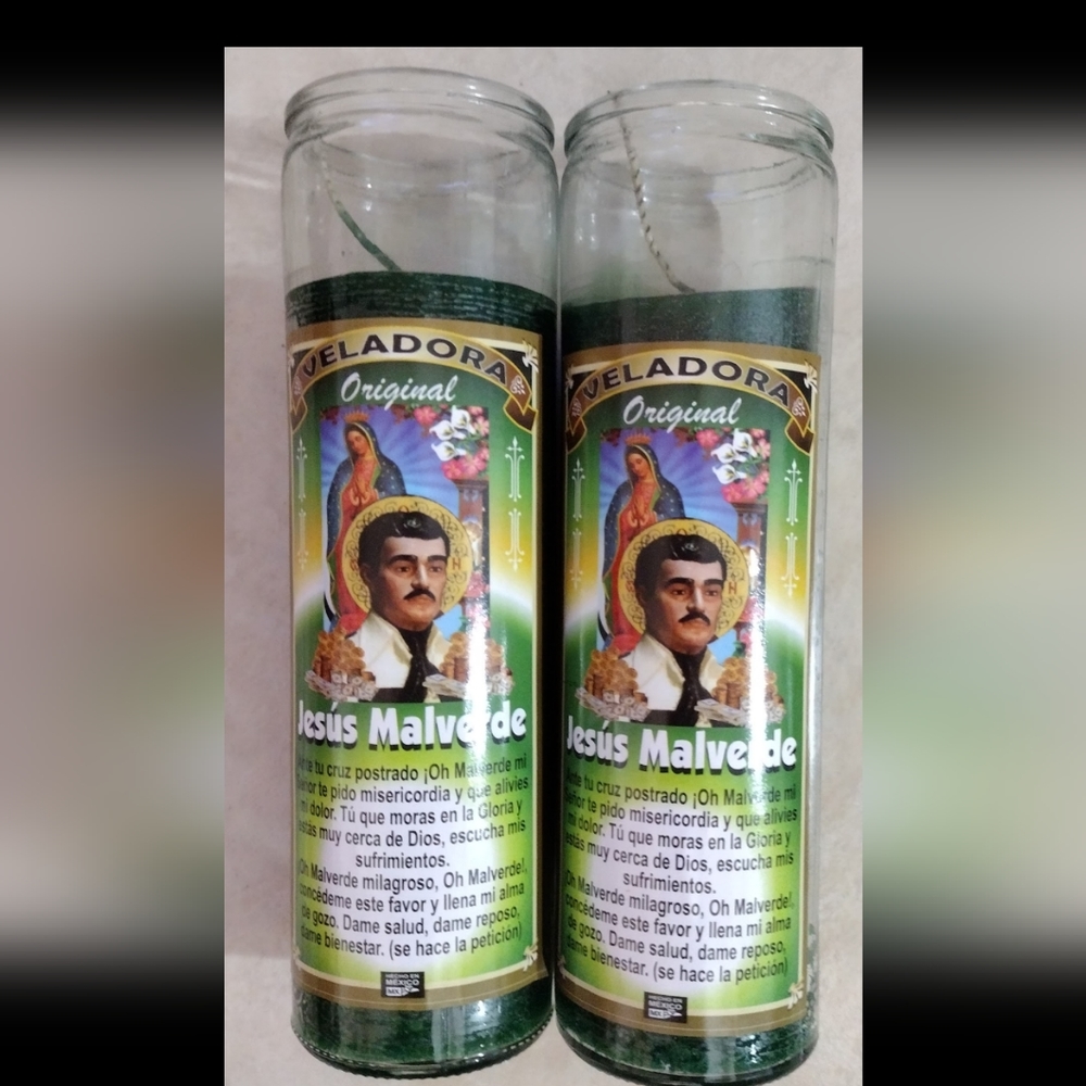 2 JESUS MALVERDE VELADORAS DE VIDRIO - 2 GLASS CANDLES - FREE SHIPPING